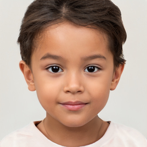 Joyful white child female with short  brown hair and brown eyes