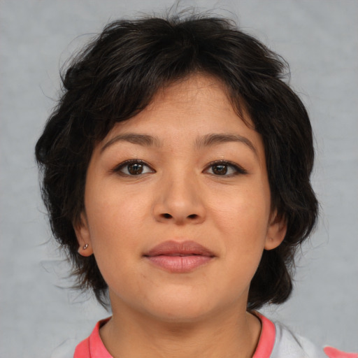 Neutral asian young-adult female with medium  brown hair and brown eyes