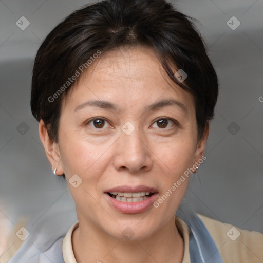 Joyful white adult female with short  brown hair and brown eyes