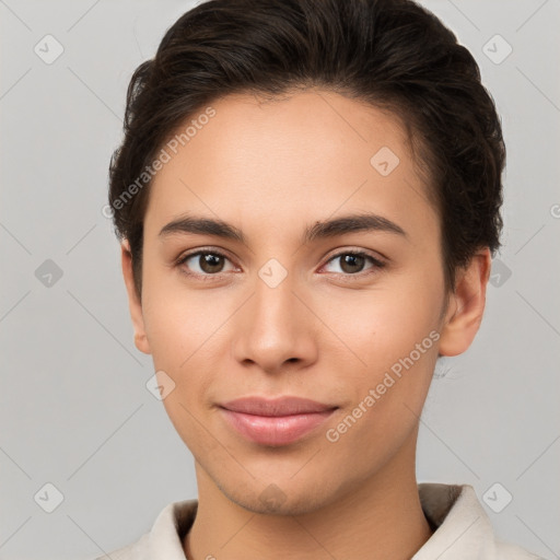 Joyful white young-adult female with short  brown hair and brown eyes