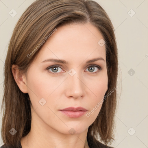 Neutral white young-adult female with long  brown hair and brown eyes