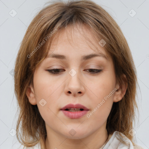 Neutral white young-adult female with medium  brown hair and brown eyes