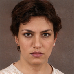 Neutral white young-adult female with short  brown hair and brown eyes