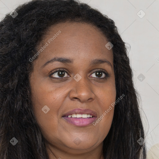 Joyful black young-adult female with long  brown hair and brown eyes