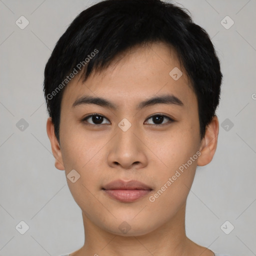 Neutral asian young-adult male with short  black hair and brown eyes