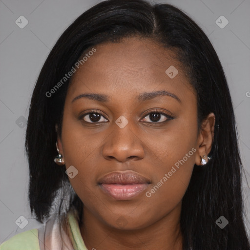 Joyful black young-adult female with medium  black hair and brown eyes