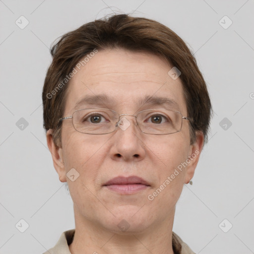 Joyful white adult male with short  brown hair and grey eyes