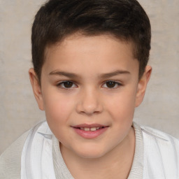 Joyful white child female with short  brown hair and brown eyes