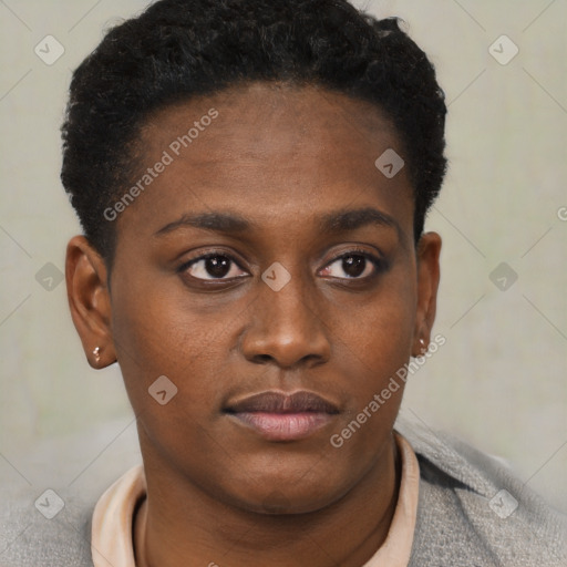 Neutral black young-adult female with short  brown hair and brown eyes