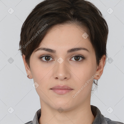 Neutral white young-adult female with medium  brown hair and brown eyes