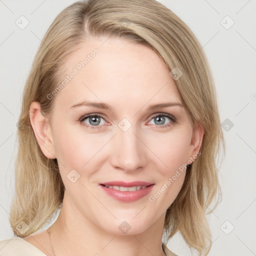 Joyful white young-adult female with medium  brown hair and blue eyes