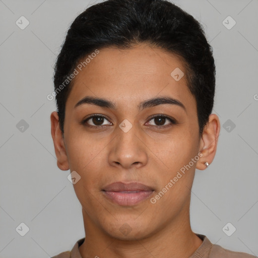 Joyful latino young-adult female with short  black hair and brown eyes