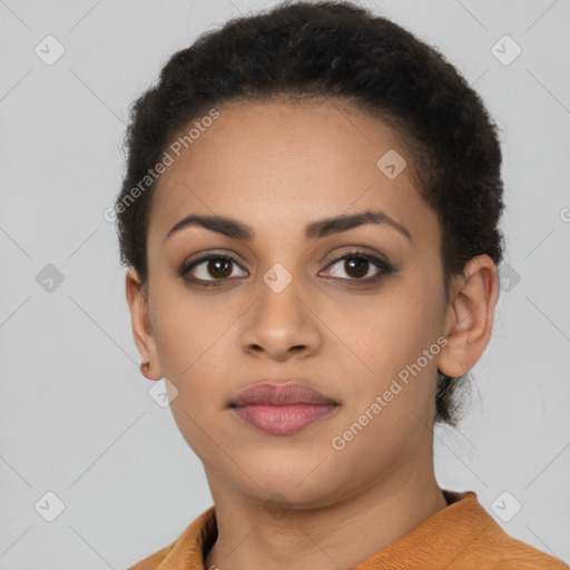 Neutral latino young-adult female with short  brown hair and brown eyes