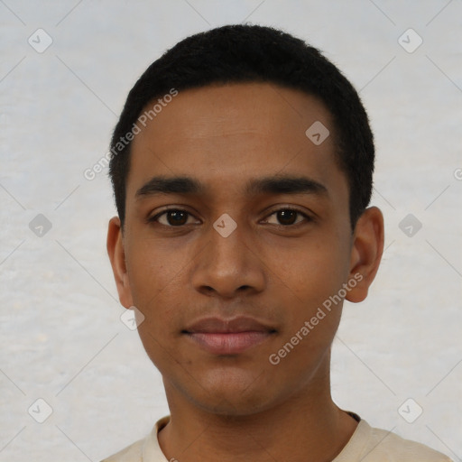 Neutral latino young-adult male with short  black hair and brown eyes