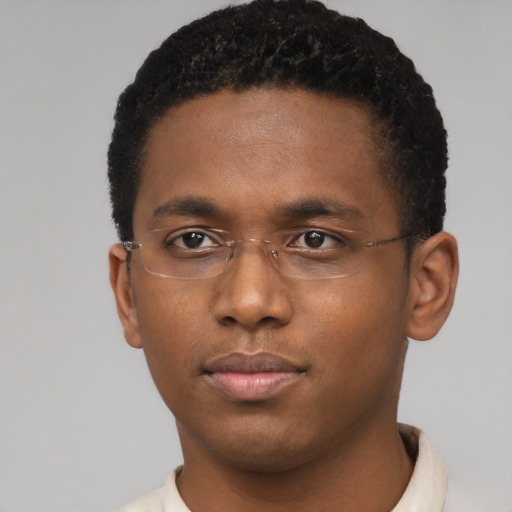 Neutral black young-adult male with short  black hair and brown eyes