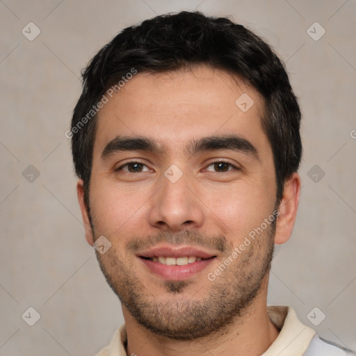 Joyful white young-adult male with short  black hair and brown eyes