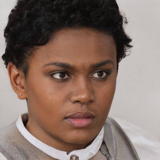 Neutral black young-adult female with short  brown hair and brown eyes