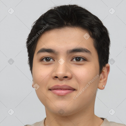 Joyful asian young-adult male with short  black hair and brown eyes