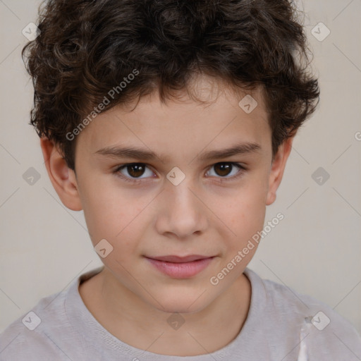 Joyful white child male with short  brown hair and brown eyes