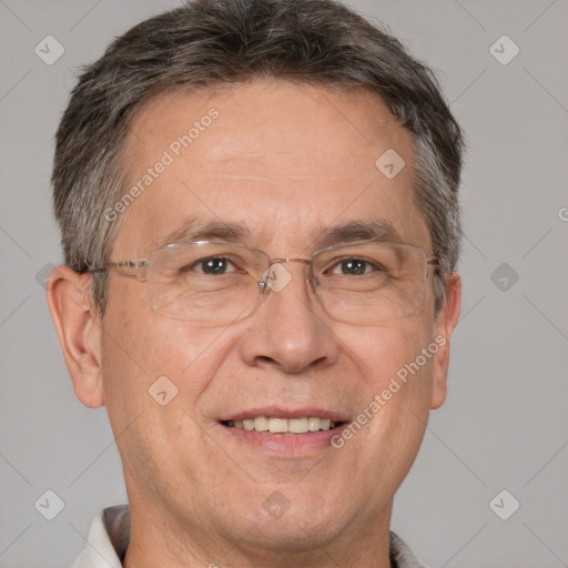 Joyful white middle-aged male with short  brown hair and brown eyes