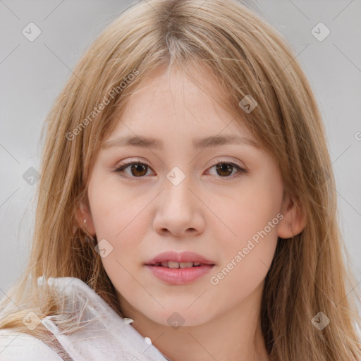 Joyful white child female with medium  brown hair and brown eyes