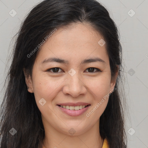 Joyful white young-adult female with long  brown hair and brown eyes