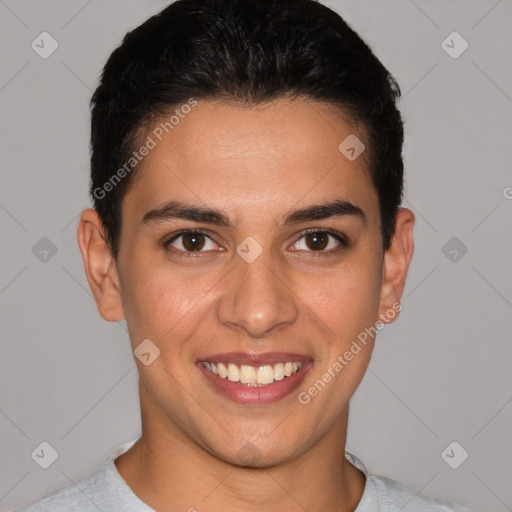 Joyful white young-adult female with short  brown hair and brown eyes