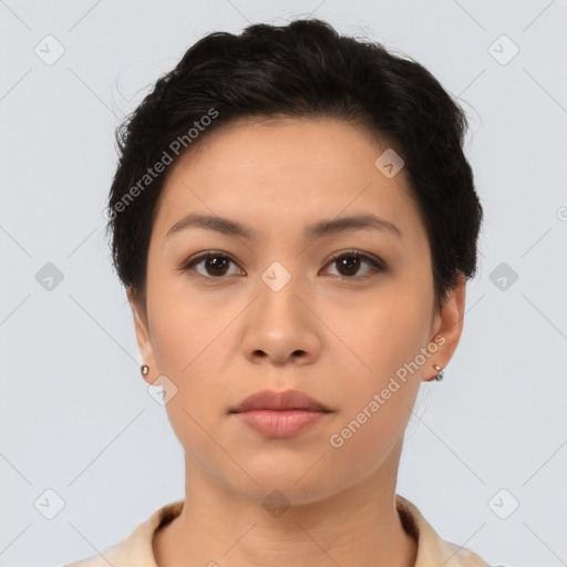 Neutral asian young-adult female with short  brown hair and brown eyes