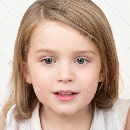 Joyful white child female with medium  brown hair and blue eyes