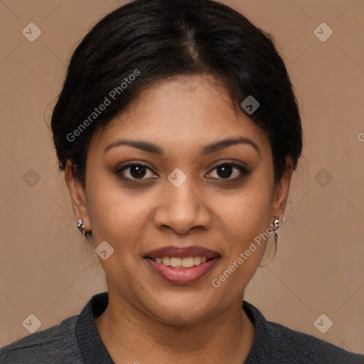 Joyful latino young-adult female with medium  brown hair and brown eyes