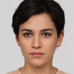 Neutral white young-adult female with short  brown hair and brown eyes