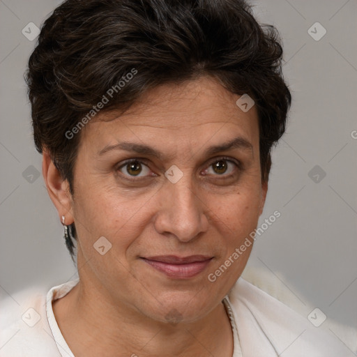 Joyful white adult female with short  brown hair and brown eyes