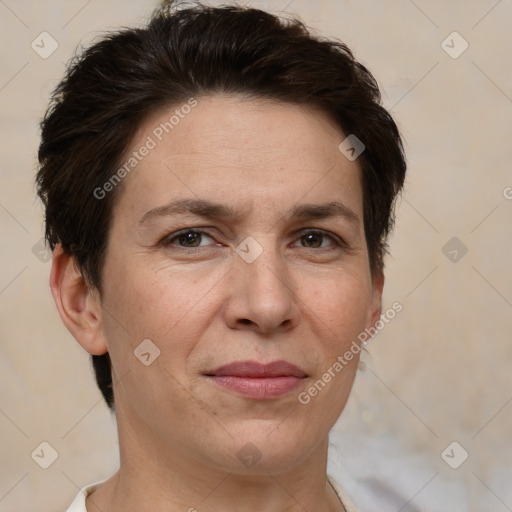 Joyful white adult female with short  brown hair and brown eyes