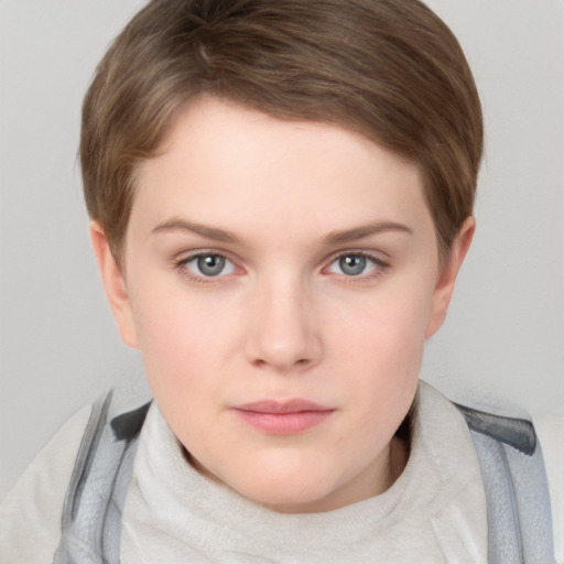 Neutral white young-adult female with short  brown hair and grey eyes