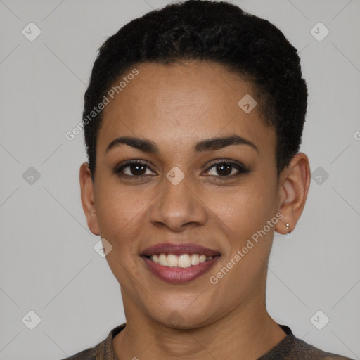 Joyful latino young-adult female with short  brown hair and brown eyes