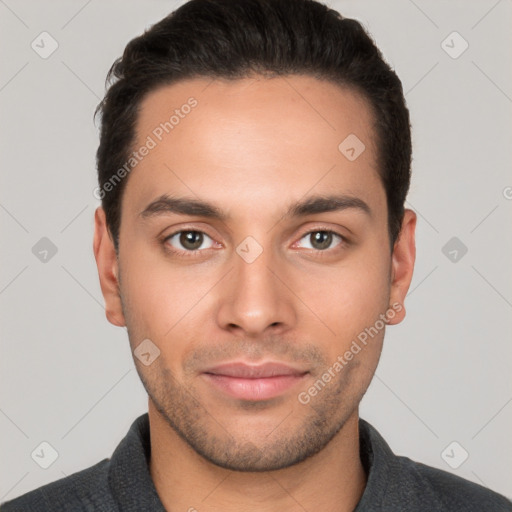 Neutral white young-adult male with short  brown hair and brown eyes