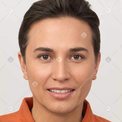 Joyful white young-adult female with short  brown hair and brown eyes