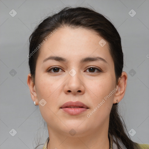 Neutral white young-adult female with medium  brown hair and brown eyes