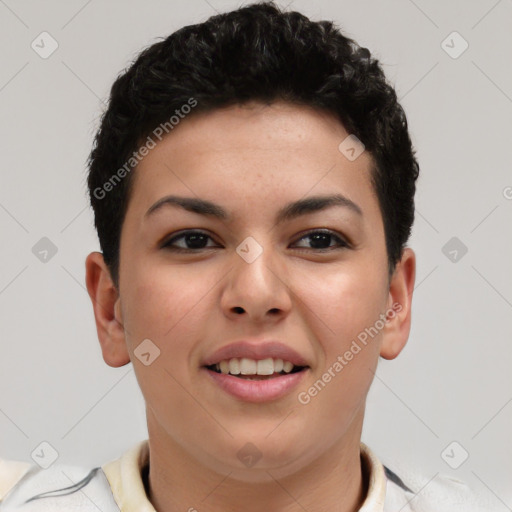 Joyful asian young-adult female with short  brown hair and brown eyes