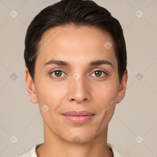 Joyful white young-adult female with short  brown hair and brown eyes