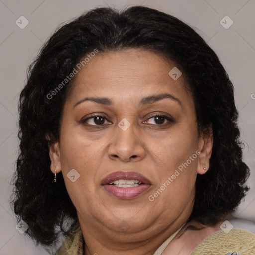 Joyful white adult female with medium  brown hair and brown eyes