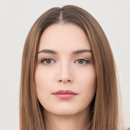 Neutral white young-adult female with long  brown hair and brown eyes