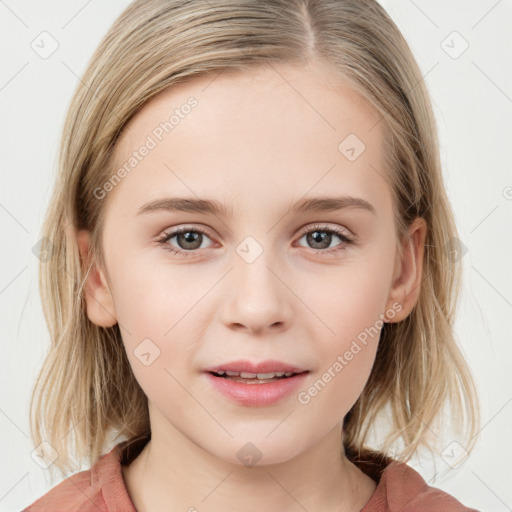 Joyful white child female with medium  brown hair and blue eyes