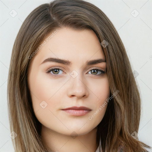 Neutral white young-adult female with long  brown hair and brown eyes