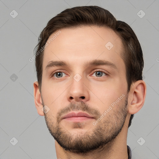 Neutral white young-adult male with short  brown hair and grey eyes