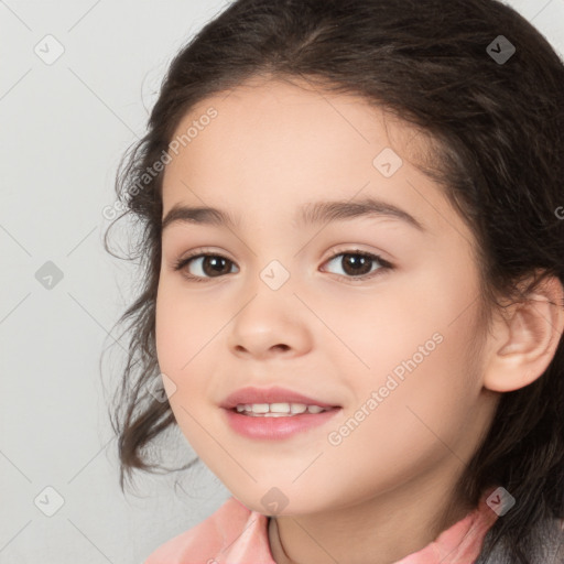 Joyful white child female with medium  brown hair and brown eyes