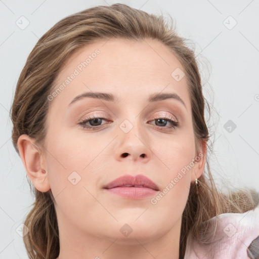 Neutral white young-adult female with medium  brown hair and grey eyes