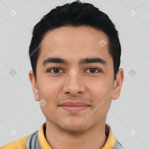 Joyful latino young-adult male with short  black hair and brown eyes