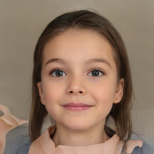 Joyful white child female with medium  brown hair and brown eyes