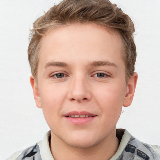 Joyful white young-adult male with short  brown hair and blue eyes